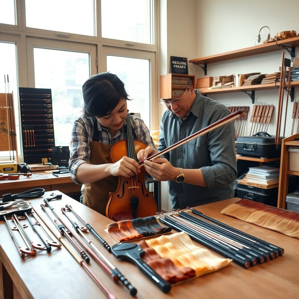 Violin bow rehair workshop in Singapore.